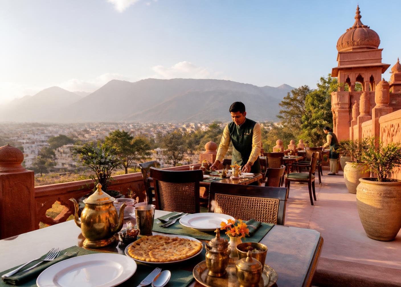 Hotel dining terrace in Jammu with Dogra-inspired architecture